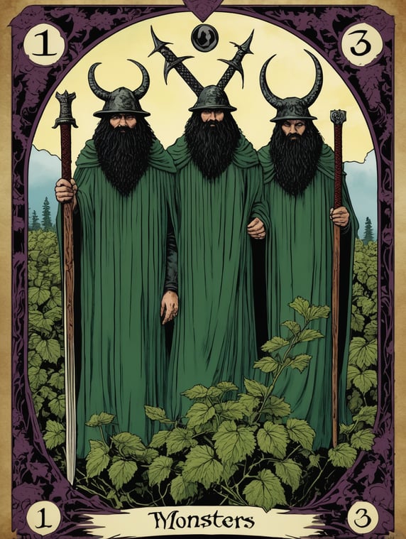 folk horror witchcraft hirsute kudzu monsters tarot card 3 of swords