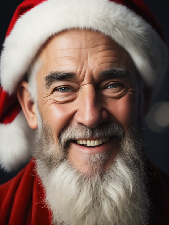Portrait of happy Santa Claus smiling with bright and saturated colors, elegant, highly detailed, vogue, fashion magazine, sharp focus, bright expressive makeup, dramatic lighting, depth of field, incredibly high detailed, blurred background
