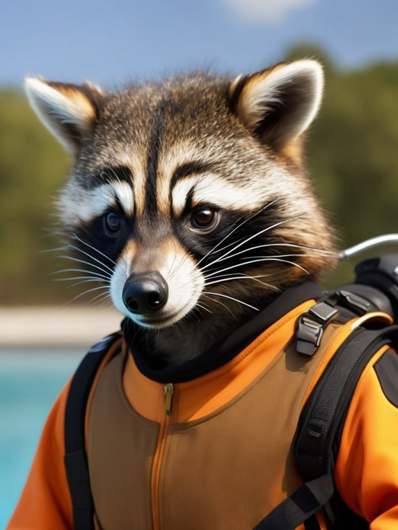 Crazy raccoon in a diving suit