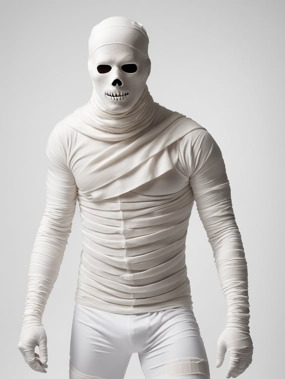 A photograph of man covered in bandages with realistic style, halloween costume, white background, full body, show hands, show neck and head
