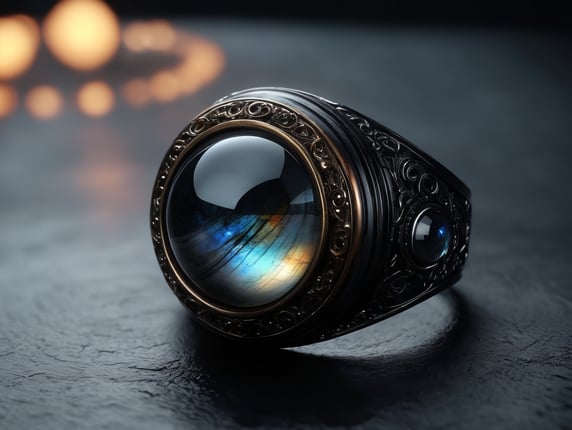 promotional product photos, ghostly mythical dark cosmic ring of arcane containment made from glass, dark anodized titanium and liquid labradorite said to contain a singularity (a cosmic black hole )