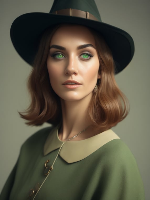 portrait of twenty years witch with green eyes, 1964 year, sixties, 1960's haircut, light and pastel colours, 8k, kodak film colour, 35mm lens