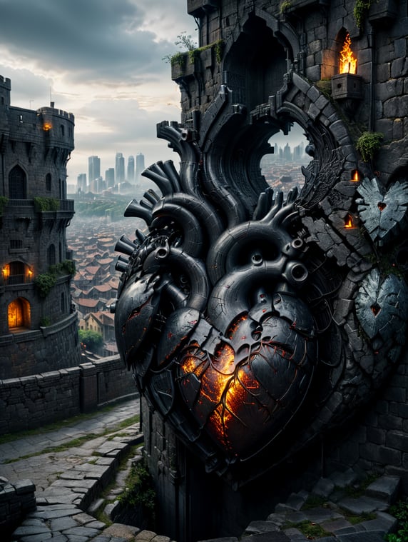 A stunning interpretation of a human heart being protected by city walls,dark,