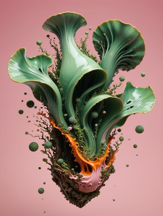a singular object, floating in mid air, trippy, looks like a seaweed porcelain, structure, gloss, otherworldly, nature, photorealism, y2k, rave, plain pink colour background, light green, pinks, orange, baby pink
