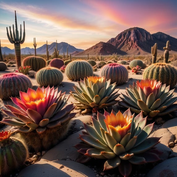 A surreal desert scene full of whimsical and spectacular alien multi-colored cacti, set pre-dawn, Kodachrome with light leak.