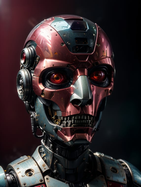 1970s sci-fi robot, made of glass, front view, burgundy red background, impressionist style, digital art; robot ciencia ficción años 1970, hecho de cristal, vista frontal, fondo rojo burdeos, estilo impresionista, arte digital