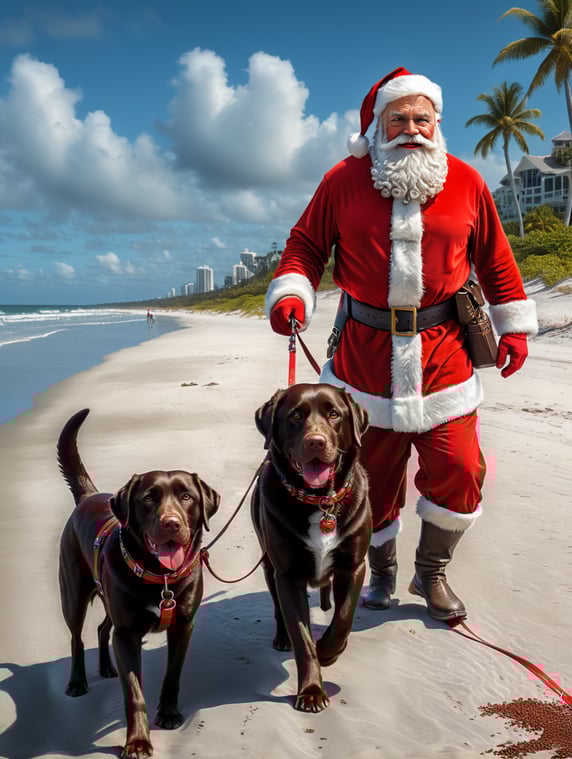 Santa Claus walking a chocolate Labrador dog with a red leash on the beach in florida