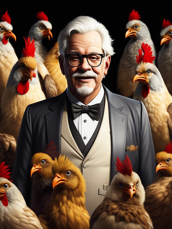 Colonel Sanders surrounded by happy chickens, all dressed in KFC buckets