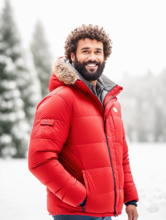 portrait of a bearded curly man wearing red puffer jacket, stands front camera with gift box his hand, snowy weather, Christmas time