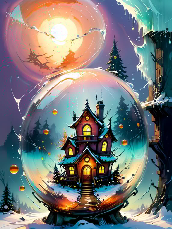 Christmas transparent ball with falling snow and fairy house