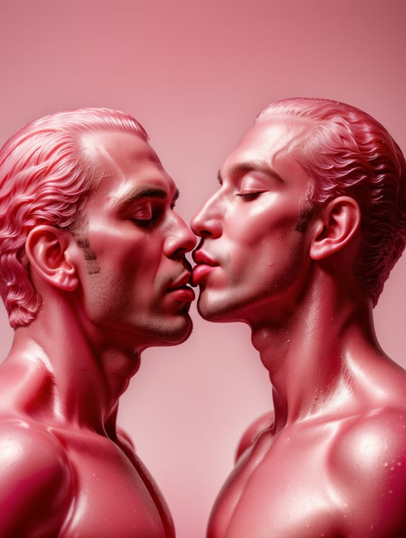 Kiss Art: Two pink translucent wax figures kissing each other, isolated, pink background