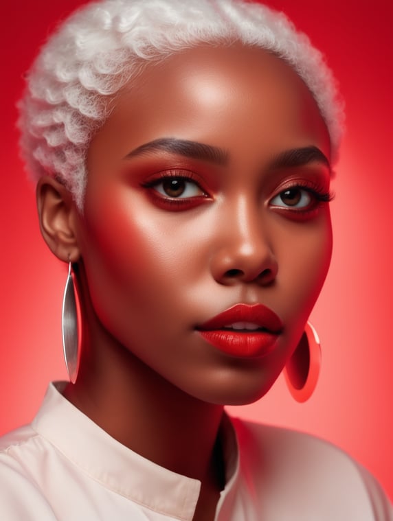 black girl on a red background, red light reflection on her face, White hair