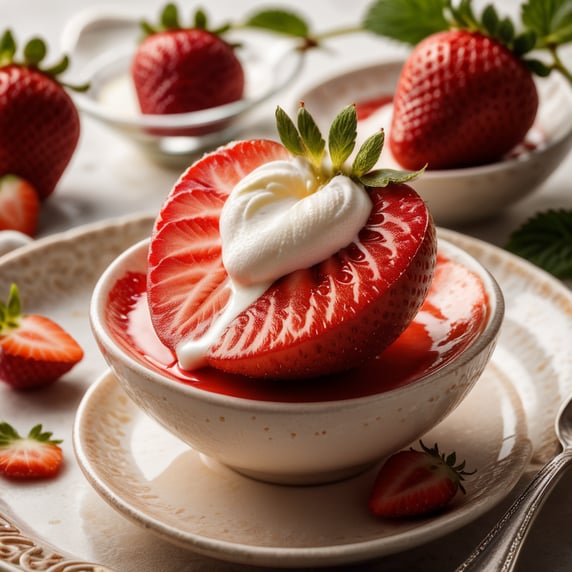 half a strawberry lies on a spoon with yogurt