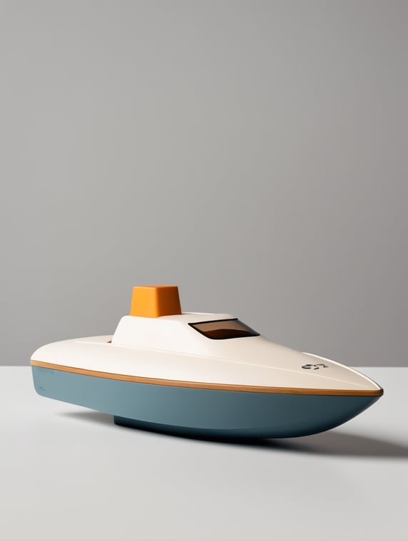 Bath toy speedboat designed by Dieter Rams. Ultra minimalist industrial design. Oak and injection molded plastic. Full object in view. Wide hull. Chibi style