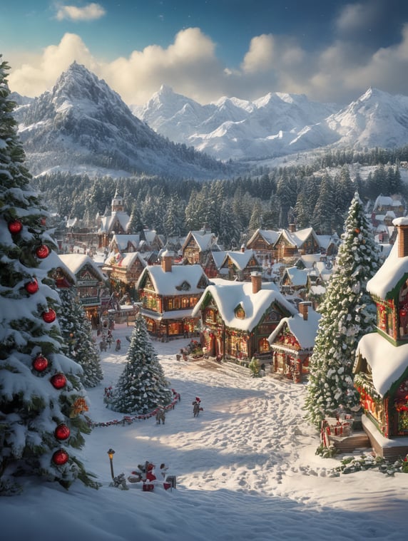 a landscape showing a field of snow with pine trees and holly trees decorated with ornaments in the foreground in the theme of the Christmas village, depth of field, bright and saturated colors, highly detailed.
