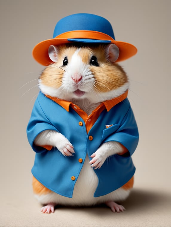 A hamster pawn wearing a blue and orange shirt. The hamster is wearing a hat. The hamsters must resemble those from Albert Heijn.; Een hamster pion met een blauw met oranje shirtje aan. De hamster heeft een hoedje op. De hamsters moeten lijken op die van de Albert Heijn.