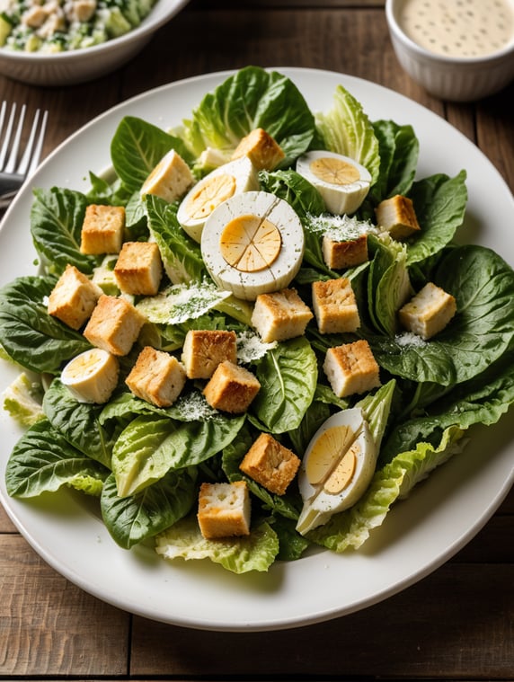 Caesar Salad, small plate on a wooden table, Description: A classic favorite featuring crisp romaine lettuce, croutons, Parmesan cheese, and a creamy Caesar dressing. Often served with grilled chicken or shrimp for added protein.
