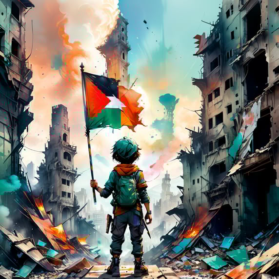the Palestinian flag in the hand of a child, the child watche a city in ruins and bombed, bombing smoke in the background, Dramatic pose, wide angle, medium wide shot