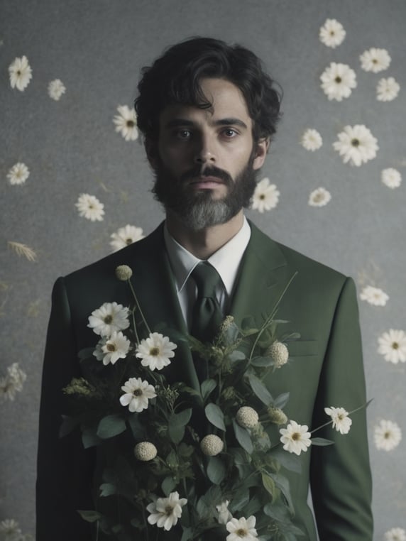 Man with body covered by flowers, painted by rené magritte