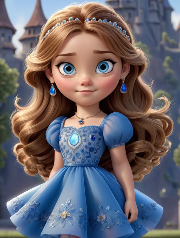 A girl with light brown hair long below the waist and blue eyes. She wears an expensive dress along with earrings and has a very fair skin tone. she also has a mole under her right eye.