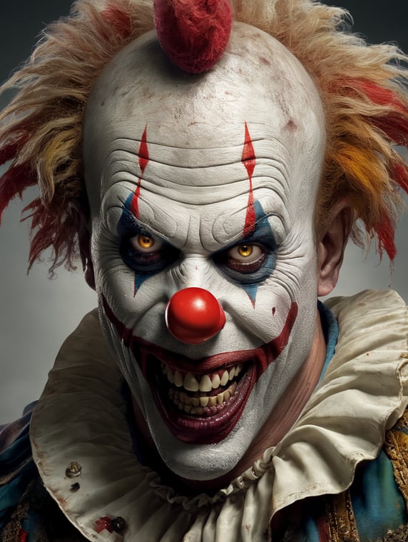 Zombie-Clown Portrait, White Background, One Head, Scientific Illustration, Vintage Encyclopedia