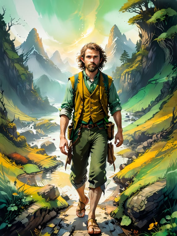 Hobbit man, halfling, barefoot, large hairy feet, wavy brown hair, tolkien, hobbit clothes in yellow and green, the shire, perceptive, wary, wearing waistcoat, with billhook over shoulder, by riverbank, clean-shaven, no beard