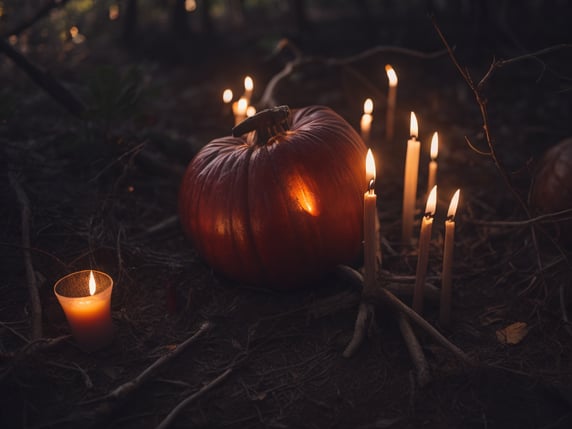 Night. Pumpkin. Dripping thin and long candles on forest ground, twigs. Many Shadows and dim scene. Red undertone.
