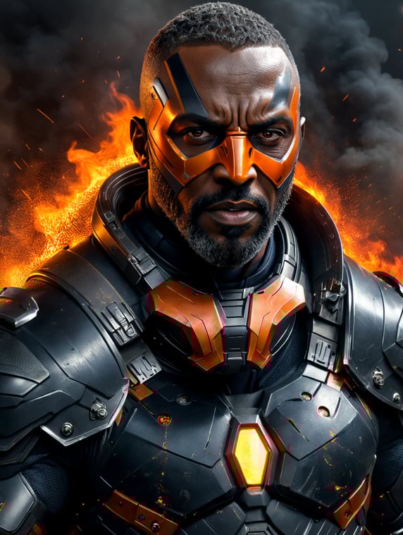 Idris Elba,in a deathstroke costume on fire and laser eyes and fire out of mouth