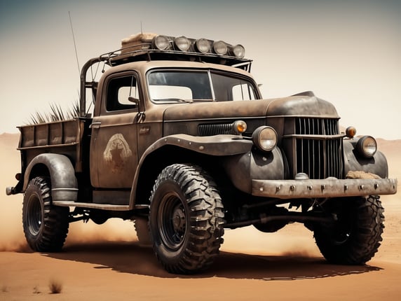 A classic American pick-up truck from the sixties with spikes, off-road tires, bare-metal with dents and scratches. Driving in a desert. Realistic, Mad-Max inspired. Post apocalyptic. Ultra-realistic. The driver is dressed in rags and wearing a gasmask. Fury Road, War Boys