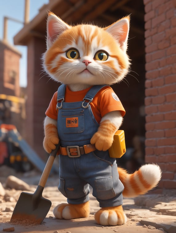 A 9:16 vertical illustration of an ultra-detailed anthropomorphic orange kitten wearing a patched, oversized construction worker t-shirt and rolled-up muddy jeans. The kitten stands on hind paws, holding a masonry brush, applying glossy wet cement to a red brick wall. The background shows an unfinished construction site with scaffolding, scattered tools (shovel, wheelbarrow), wooden planks, and piles of bricks. The kitten has large cartoonish eyes with a determined expression, fluffy fur with dirt smudges, and a tiny cement splatter on its cheek. Soft golden-hour lighting, warm vibrant colors, hyper-realistic textures, 8K resolution, trending on ArtStation.