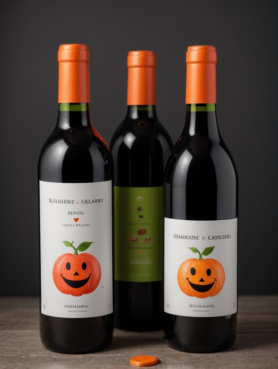 two bottles of red wine with labels illustrated by a kindergartner with happy faces and stick characters with vibrant colors, the bottles made of orange and fluorescent green acrylic. in minimalist professional photography set with dark gray background; dos botellas de vino tinto con etiquetas ilustradas por un niño de kinder con caras felices y personajes de palitos con colores vibrantes, las botellas que sean de acrilico de color naranja y verde fosforescente. en set fotografico profesional minimalista con fondo gris obscuros