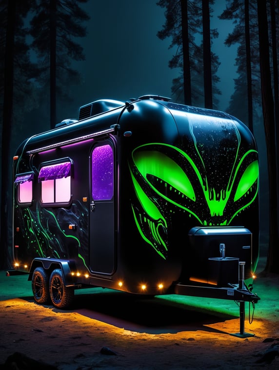 Alien camping trailer made of black alien liquid, translucent with neon lights, liquid dripping from the trailer, dark atmosphere