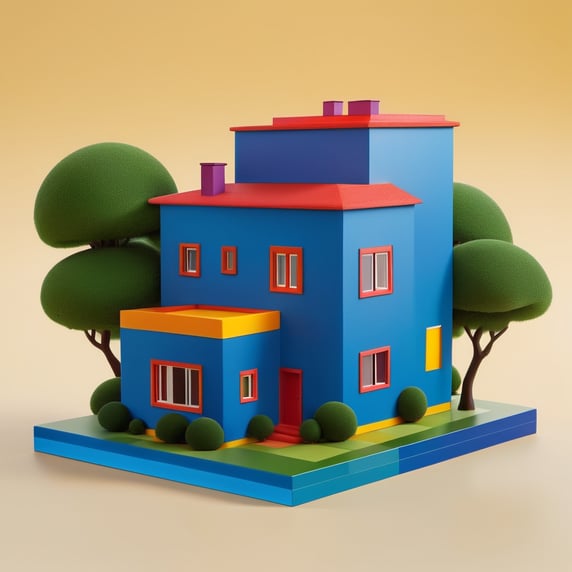 Vinyl toy for a 5-year-old boy xd a house inspired by the architecture of Luis Barragán and the paintings of Escher with vibrant colors placed as if it were a work of contemporary art. Encapsulated in resin.; Vinil toy para Niño de 5 años xd una casa inspirada en la arquitectura de Luis Barragán y las pinturas de Escher con colores vibrantes colocado como si fuera una obra de arte contemporáneo. Encapsulado en resina.