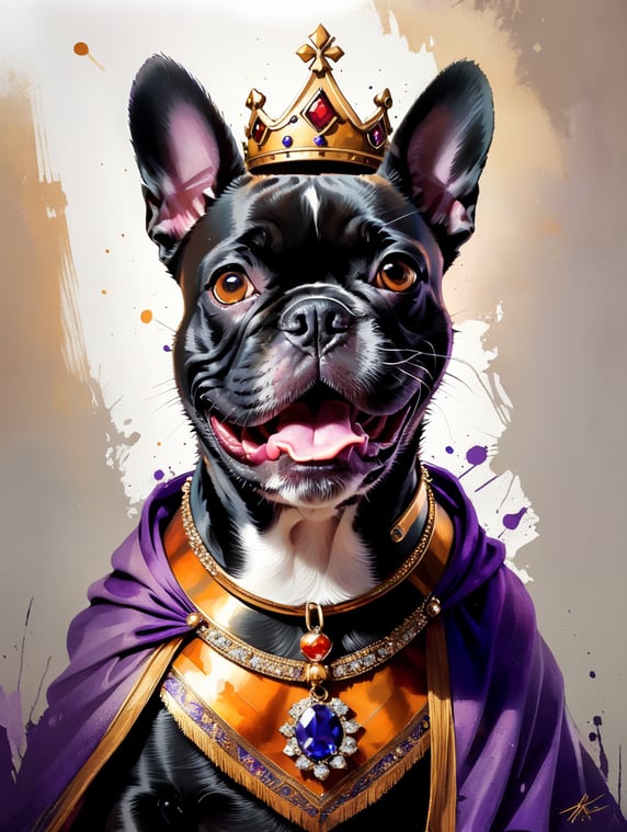 A happy black smiling French bulldog, a white chest, and brown eyes in a royal purple cloak, wearing a crown painted in the style of a Raphael portrait, renaissance art, brush strokes, darker lighting