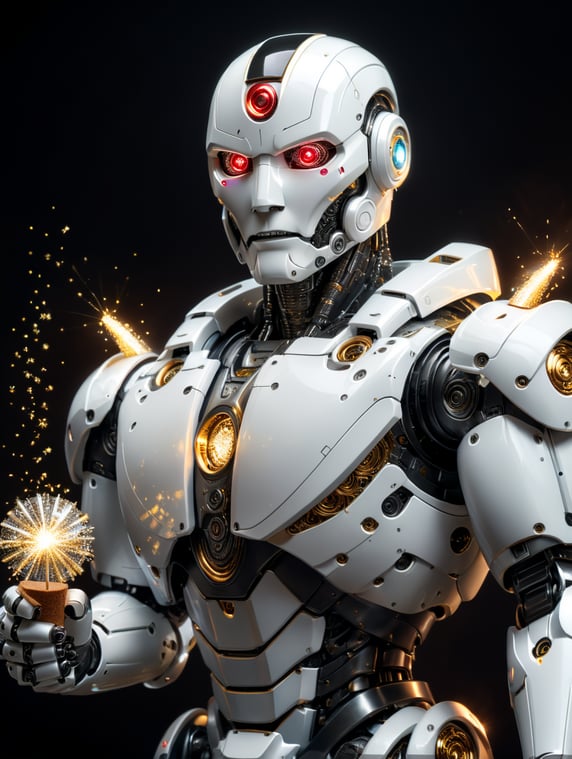 white robot holding sparkle cracker