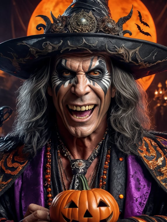 Steve Tyler from Aerosmith as an evil character wearing spooky Halloween costume, Vivid saturated colors, Contrast color