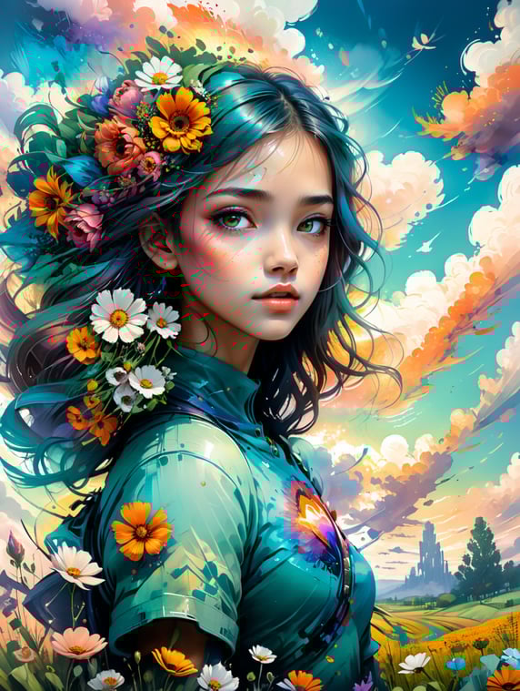 A girl who has drawn a beautiful heart with the clouds in the sky in a field full of flowers with her hands