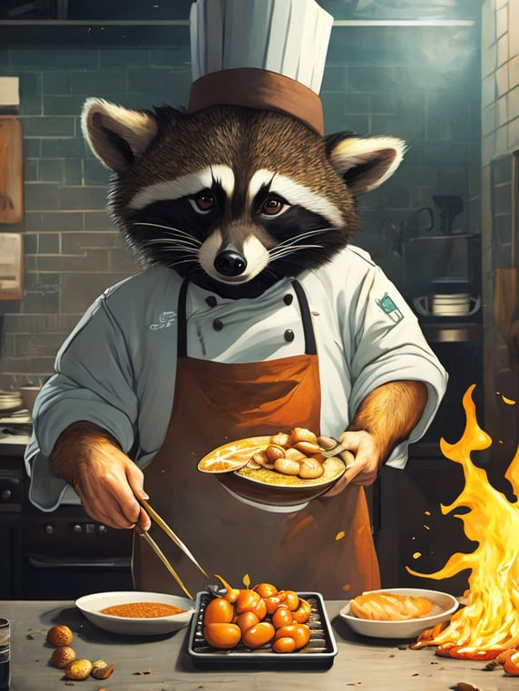 A chef racoon cooking scallops, wearing a chef hat, in a kitchen, professional