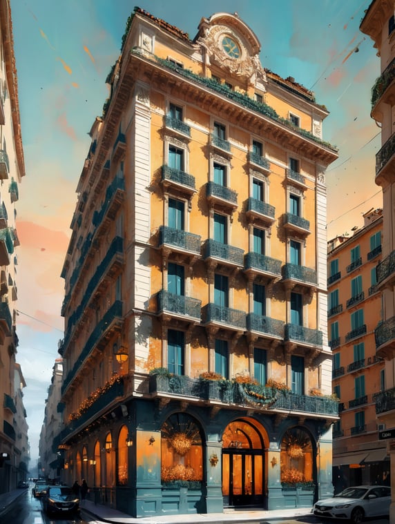 Luxury hotel facade in Nice, France, with Christmas decorations in the style of artist Gustav Klimt