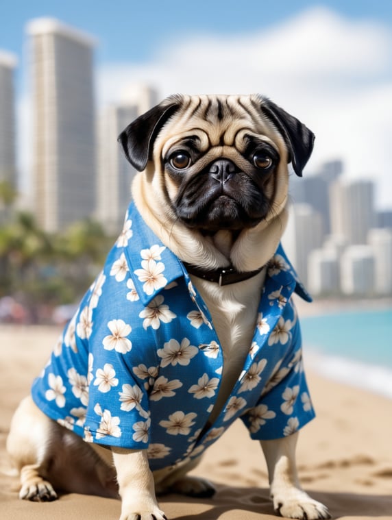 pug, beige coat, wearing a blue hawaiian shirt, blurred waikiki beach background, photorealistic