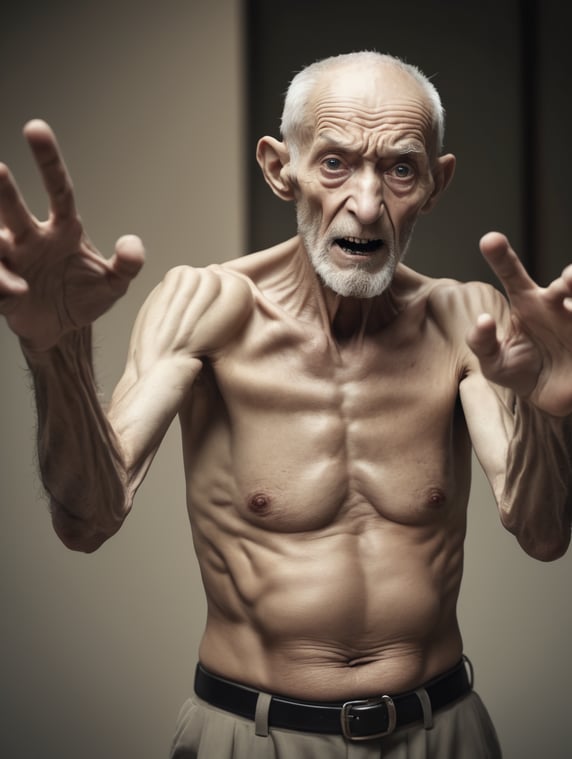 Scary skinny old man trying to grab the viewer tilted to the right
