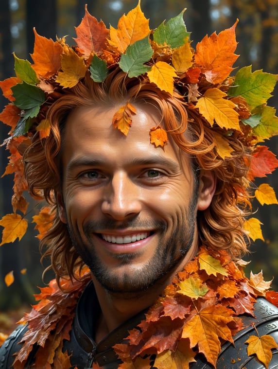 man with autumn leaves in his hair, orange color hairs, looking happy and positive