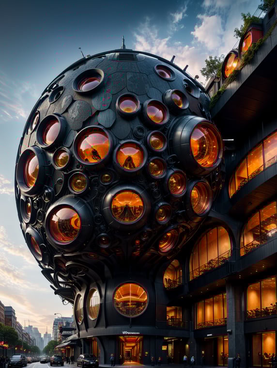 the craziest, bentwood, far view lens architectural modern style hyper realistic hyper detailed neocosmic exterior architecture design of a wasp Fluid complex facade, geometric shapes spectrum, black::1 red:3, Antoine Blanchard architecture art style, in new York city, dramatic ambient, natural lighting
