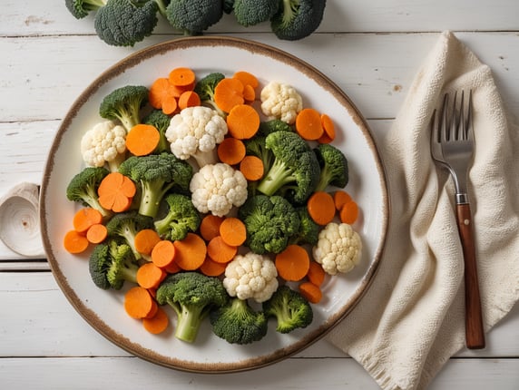Broccoli florets, cauliflower florets, and crinkle carrots slices on a white plate with a white wood background