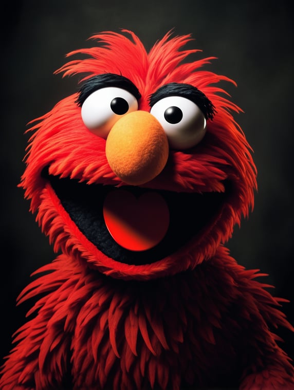 Elmo the muppet, long fangs, scary, terrifying, horror movie, dark, spooky