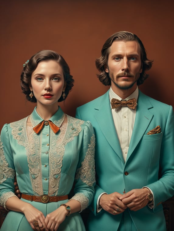 Vintage picture of a couple, indoors, complementary colors, Wes Anderson style, bright colors, Incredibly high detail,turquoise color