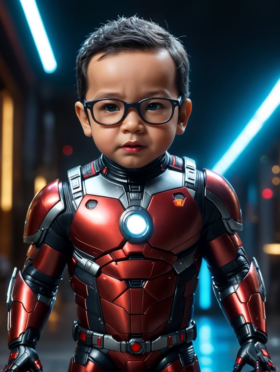 baby version of ant man marvel with black hair full body wearing clear glasses,no mask, without mask, full face,neon light photorealistic, masterpiece,full body photography, Ultra realistic, epic details, photorealistic, Cinematic, Ultra HD, Professional photography