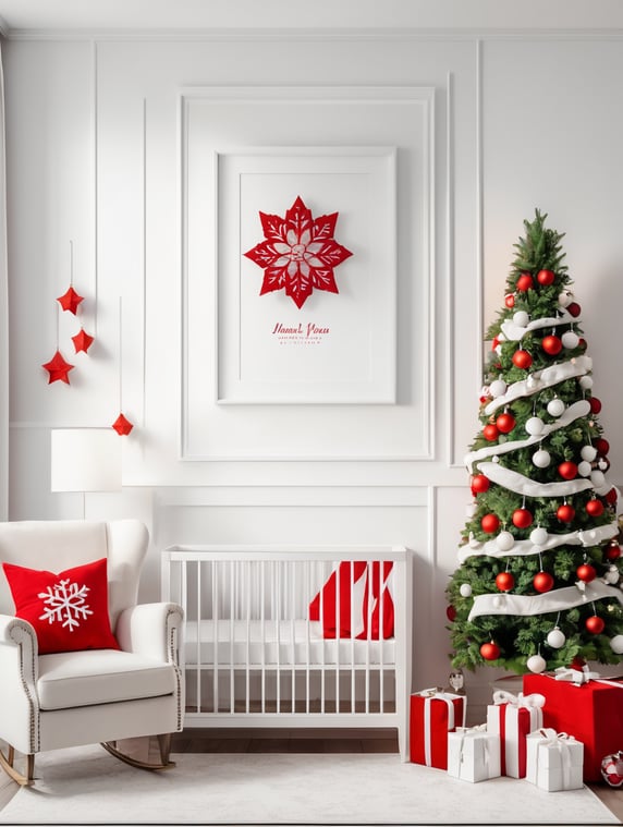 vertical frame wall mockup, white nursery with christmas decorations in red, white, green, and christmas lights