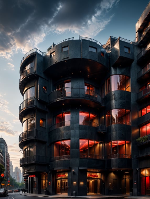 the craziest, bentwood, far view lens architectural modern style hyper realistic hyper detailed neocosmic exterior architecture design of a chrome Fluid complex facade, geometric shapes spectrum, black::1 red:3, Antoine Blanchard architecture art style, in new York city, dramatic ambient, natural lighting