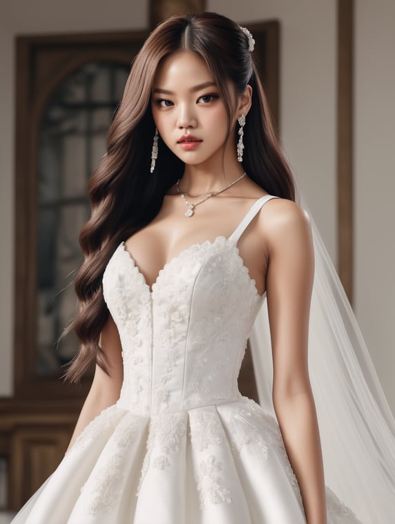 Jennie from blackpink in a white wedding dress with her hair down.; Jennie de blackpink con un vestido de novia blanco y con el pelo suelto.